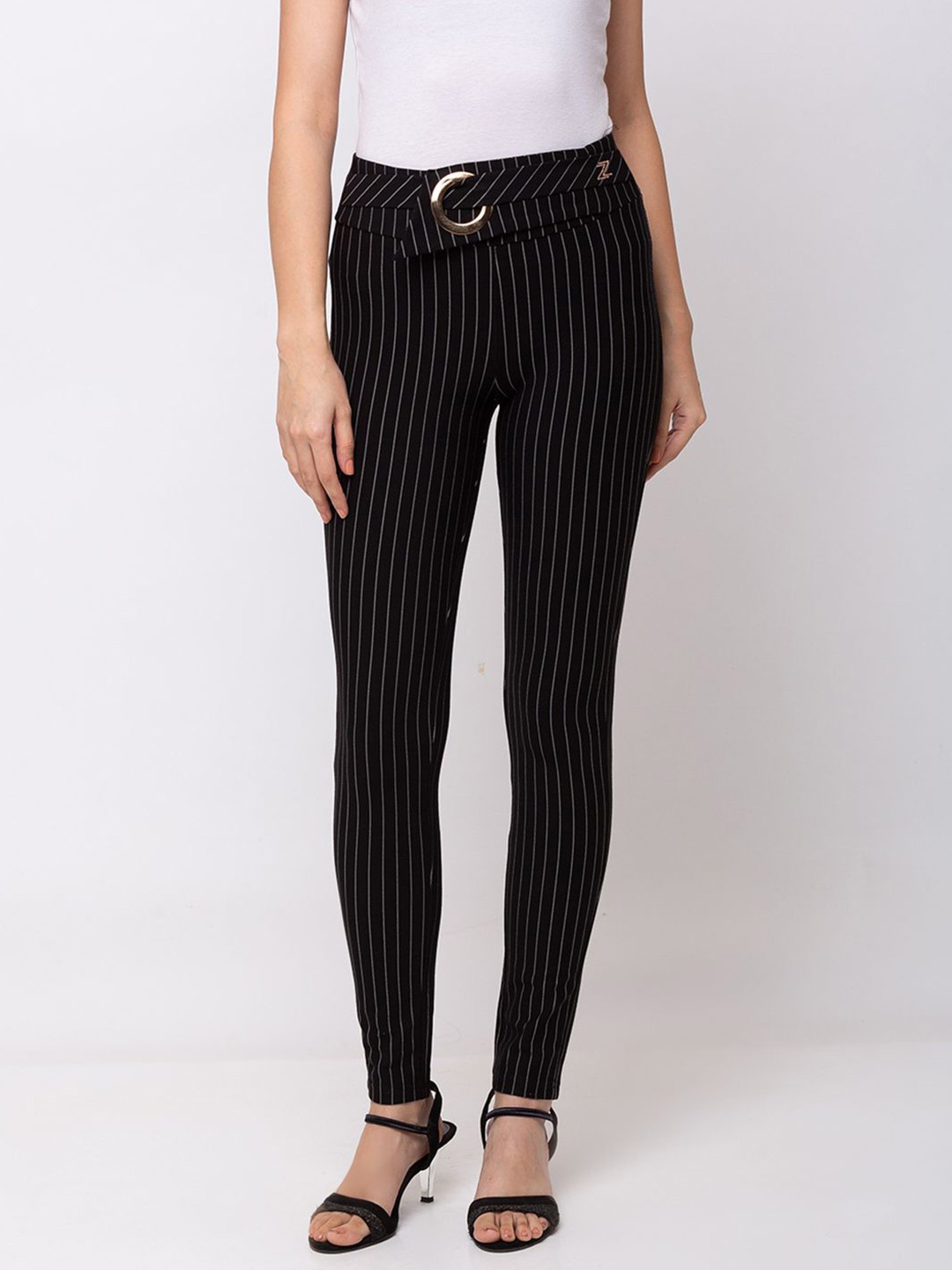 

SHECZZAR Women Striped Slip-On Skinny Fit Jeggings, Black