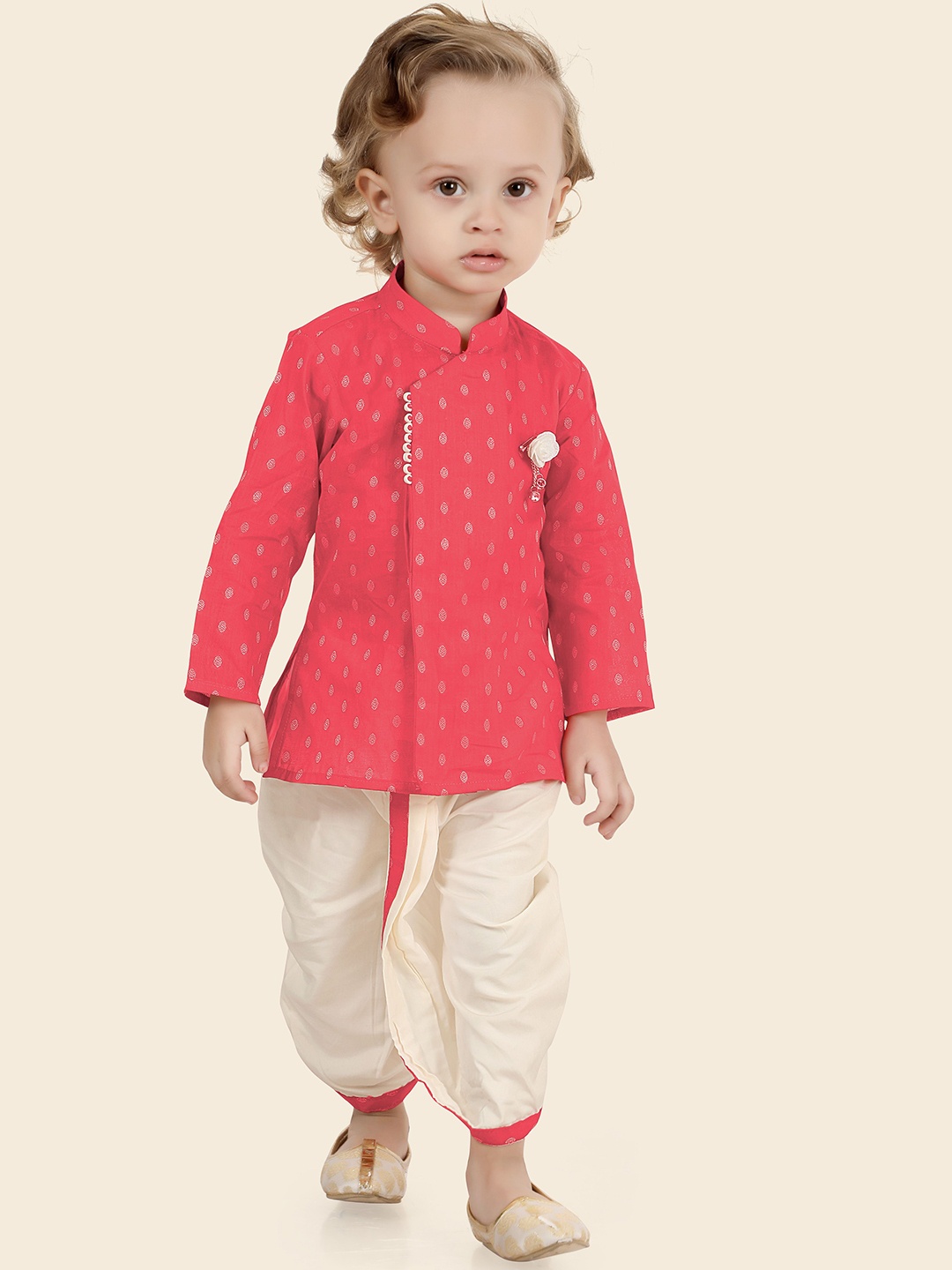 

Ethniks Neu-Ron Boys Ethnic Motifs Woven Design Regular Pure Cotton Kurta With Dhoti Pants, Red