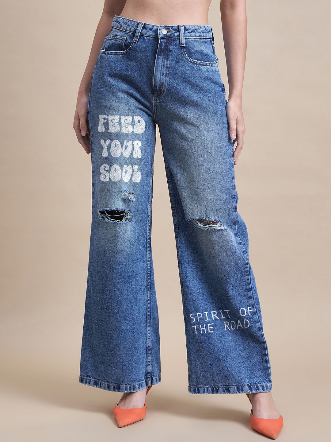 

The Roadster Lifestyle Co Women Pure Cotton Mildly Distressed Wide-Leg Jeans, Blue