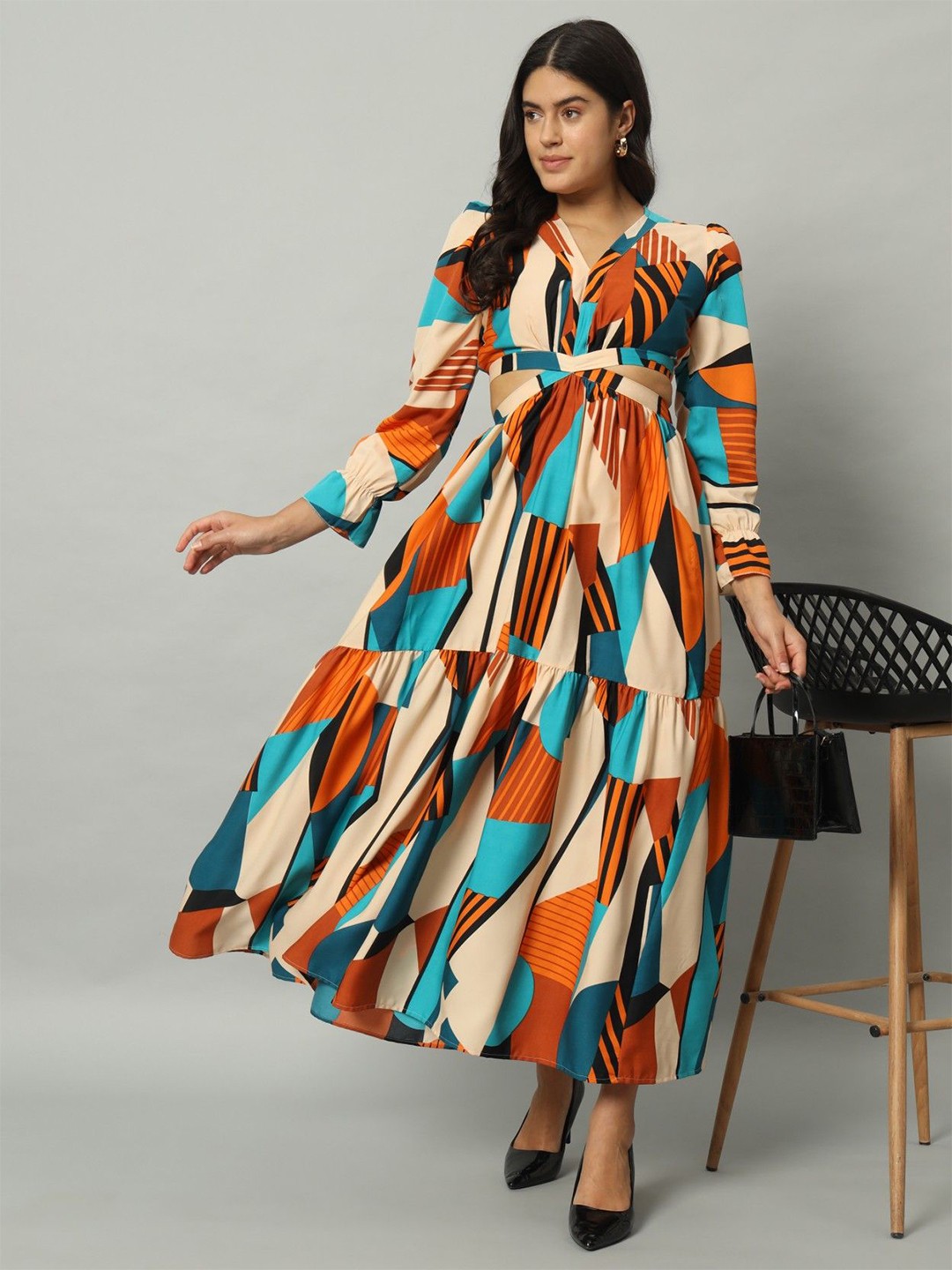 

Femvy Printed Bell Sleeve Cut-Outs Maxi Dress, Beige