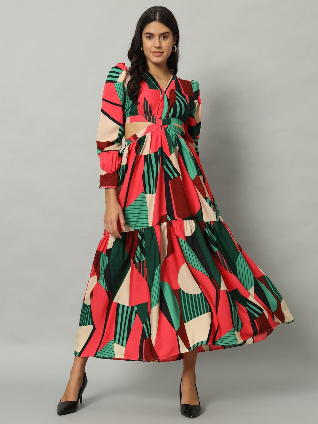 

Femvy Printed Fit & Flare Midi Dress with Cut-Outs Detail, Green