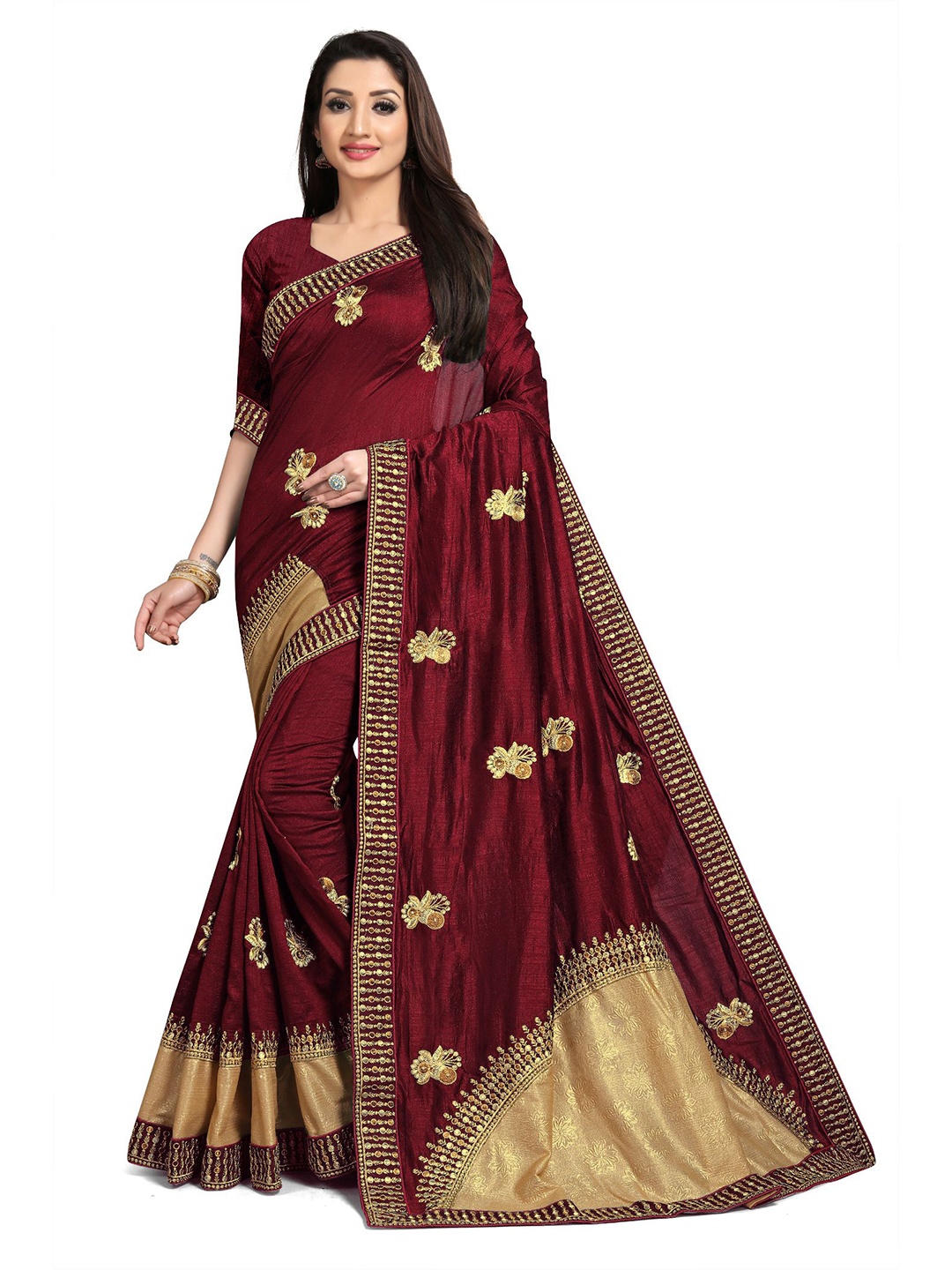 

ZUUL Ethnic Motifs Embroidered Pure Silk Mysore Silk Saree, Maroon