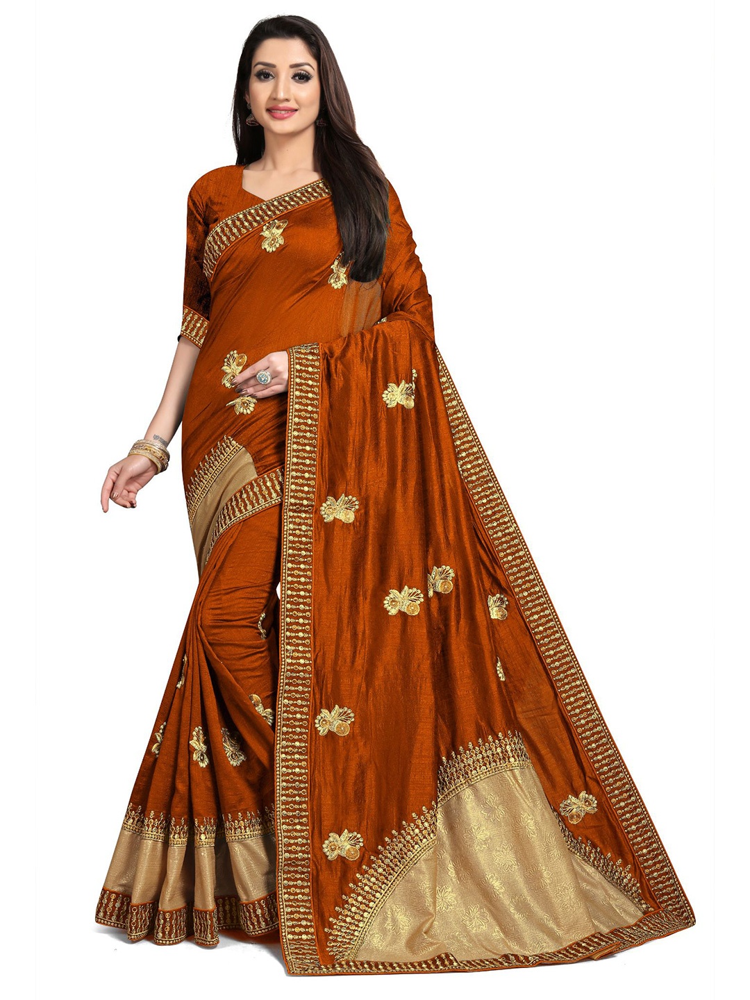 

ZUUL Ethnic Motifs Embroidered Embellished Pure Silk Mysore Silk Saree, Orange