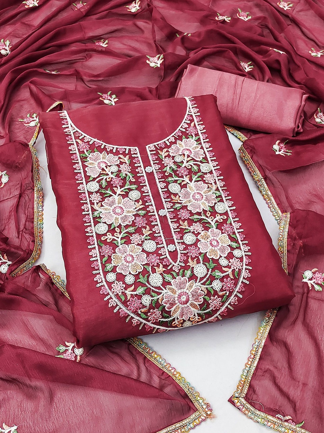 

MAHALASA Floral Embroidered Unstitched Dress Material, Red