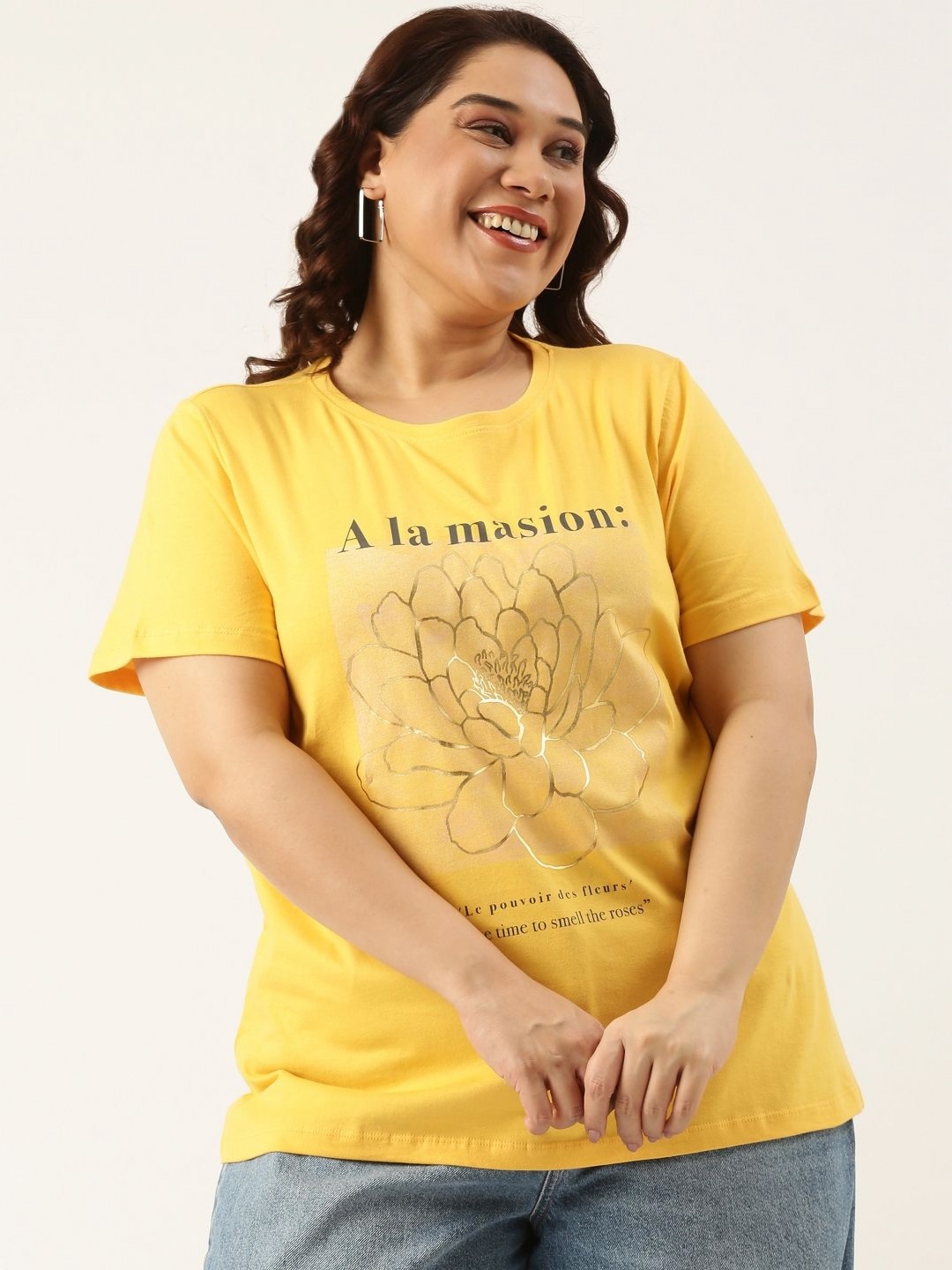 

MARCA Bold Women Plus Size Floral Printed Bio Finish T-shirt, Yellow