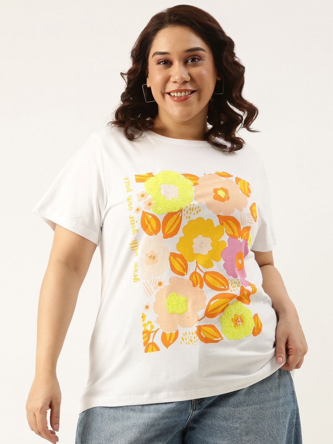 

MARCA Bold Women Plus Size Floral Printed Bio Finish T-shirt, White