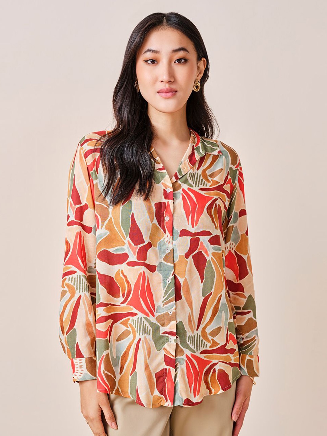 

AND Print Tie-Up Neck Shirt Style Top, Yellow