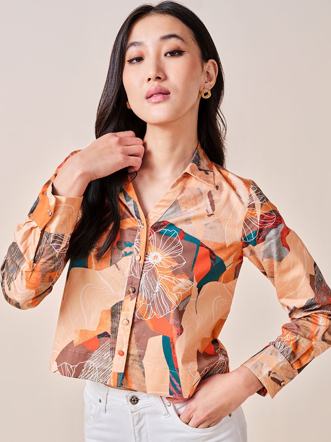 

AND Abstract Printed Cuffed Sleeves Cotton Shirt Style Top, Orange