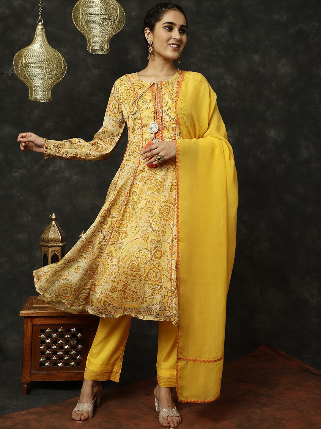 

Jaipur Kurti Floral Printed Regular Mirror Work Anarkali Kurta With Palazzos & Dupatta, Yellow