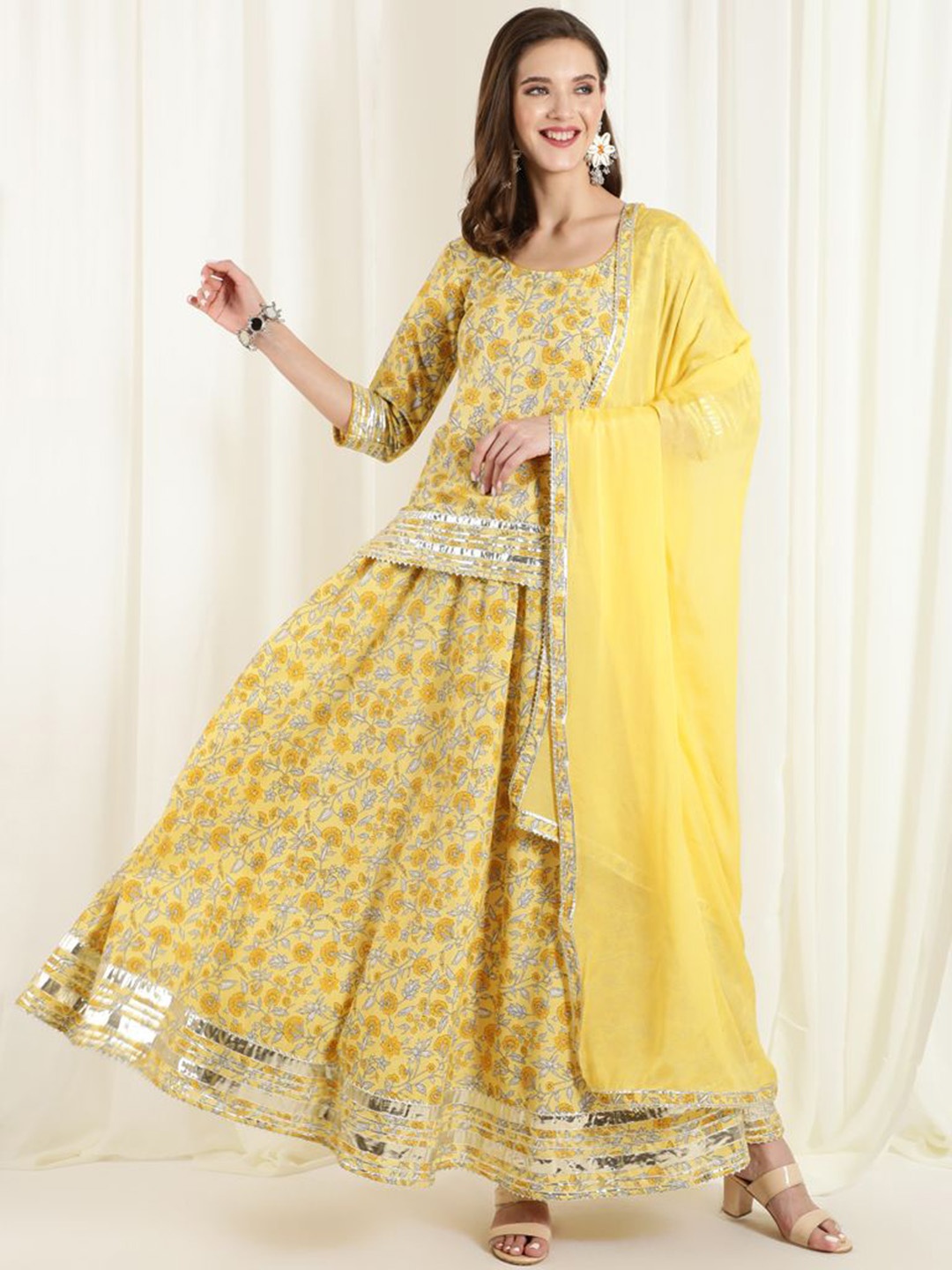 

Jaipur Kurti Floral Printed Regular Pure Cotton Straight Kurti With Skirt & Dupatta, Yellow