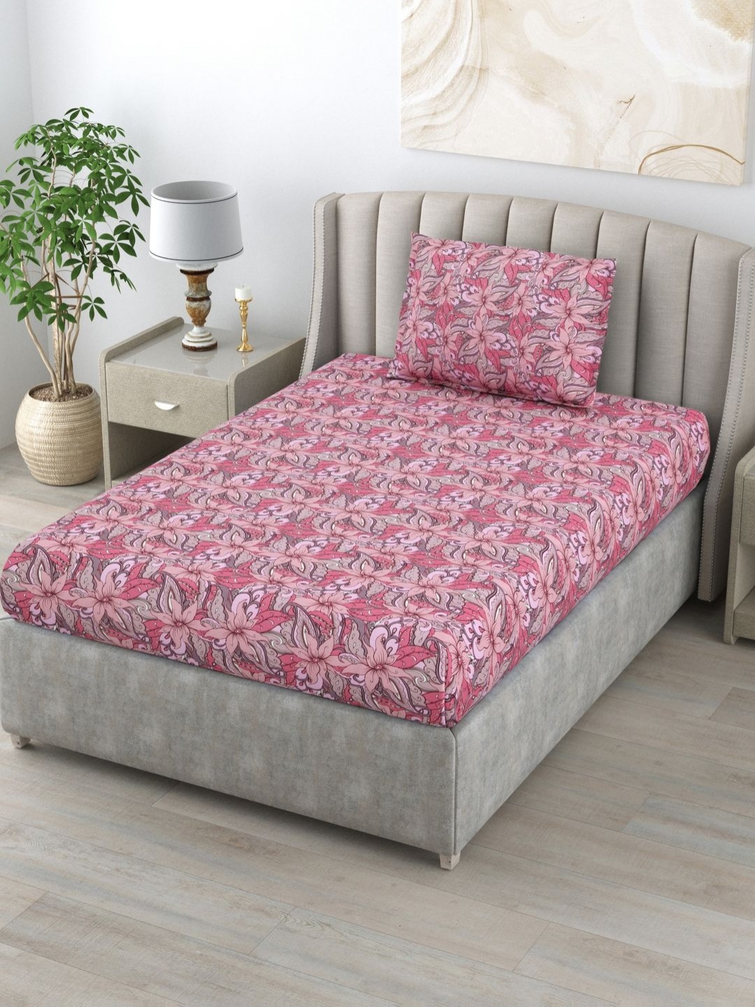 

BOMBAY DYEING Pink & Grey Floral 144 TC Pure Cotton Single Bedsheet With 1 Pillow Cover