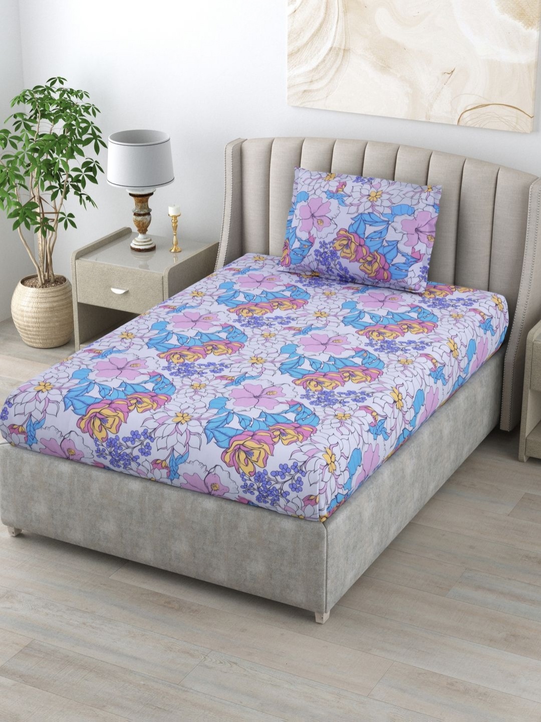 

BOMBAY DYEING Blue & Purple Floral 144 TC Pure Cotton Single Bedsheet With 1 Pillow Cover