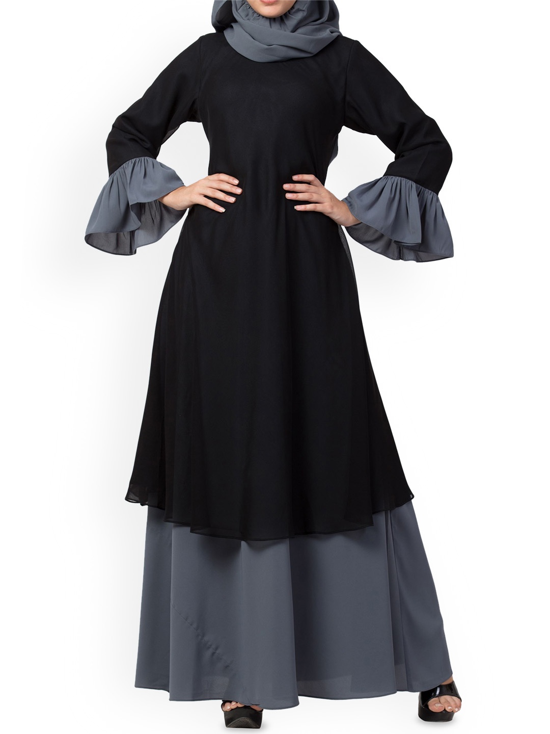 

MUSHKIYA Women Dual layer Long Sleeve Burqas With Scraf, Black