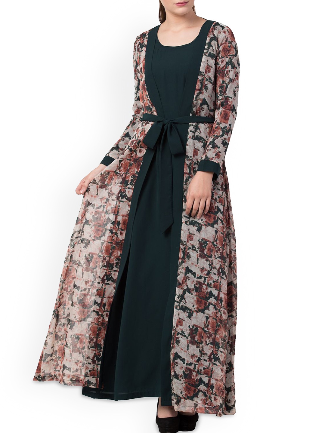 

MUSHKIYA Women Printed Burqas With Attached Shrug & Matching Belt, Green