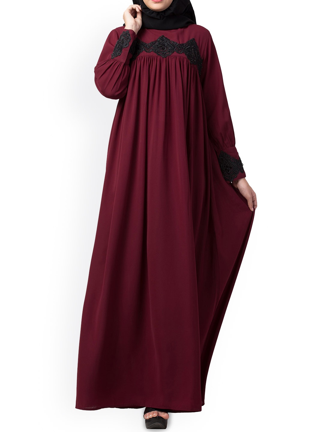 

MUSHKIYA Women Loose Fit Abaya With Pearl Lace Burqas, Maroon