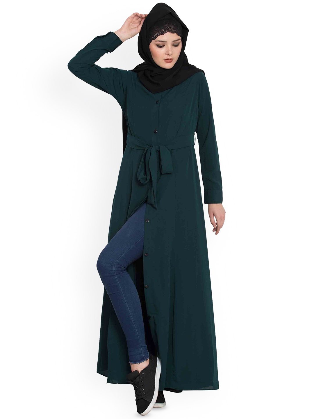 

MUSHKIYA Women Front Open Abaya With Pocket Burqas, Green