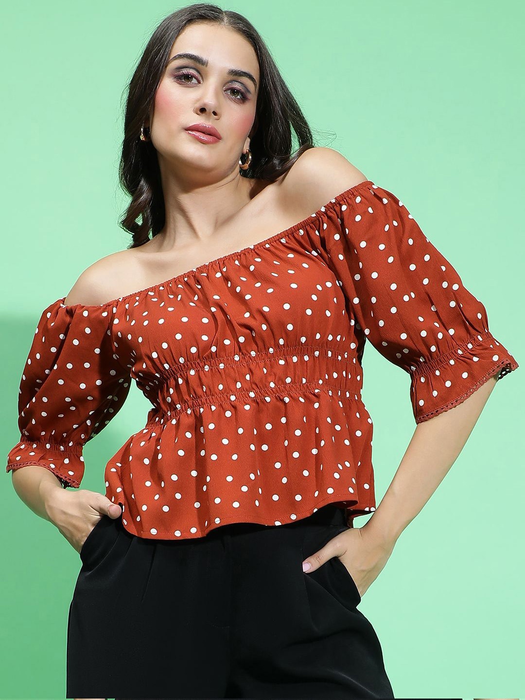 

Oxolloxo Polka Dot Printed Off-Shoulder Bell Sleeve Bardot Top, Brown