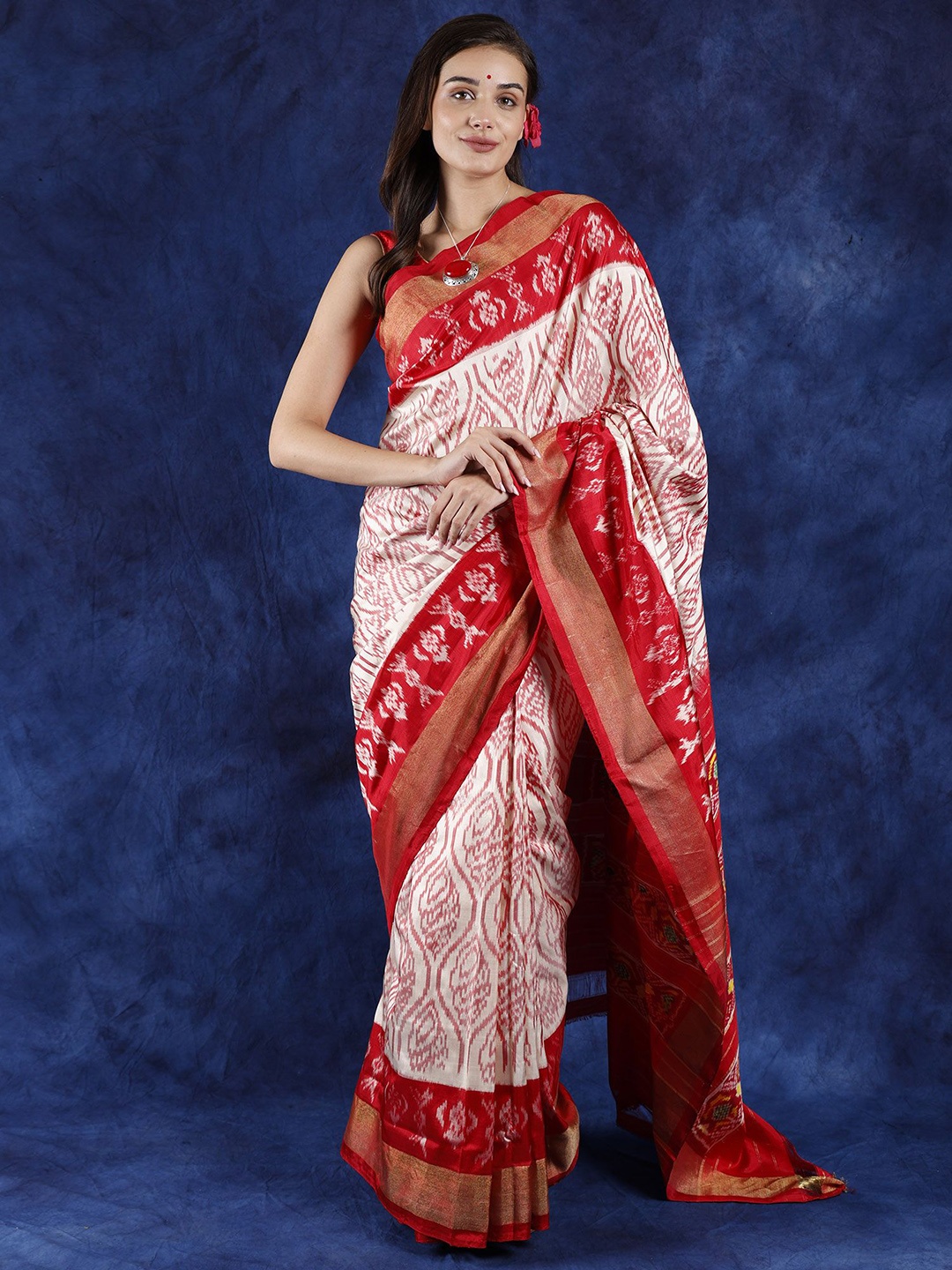 

Exotic India Printed Zari Pure Silk Ikat Saree, White