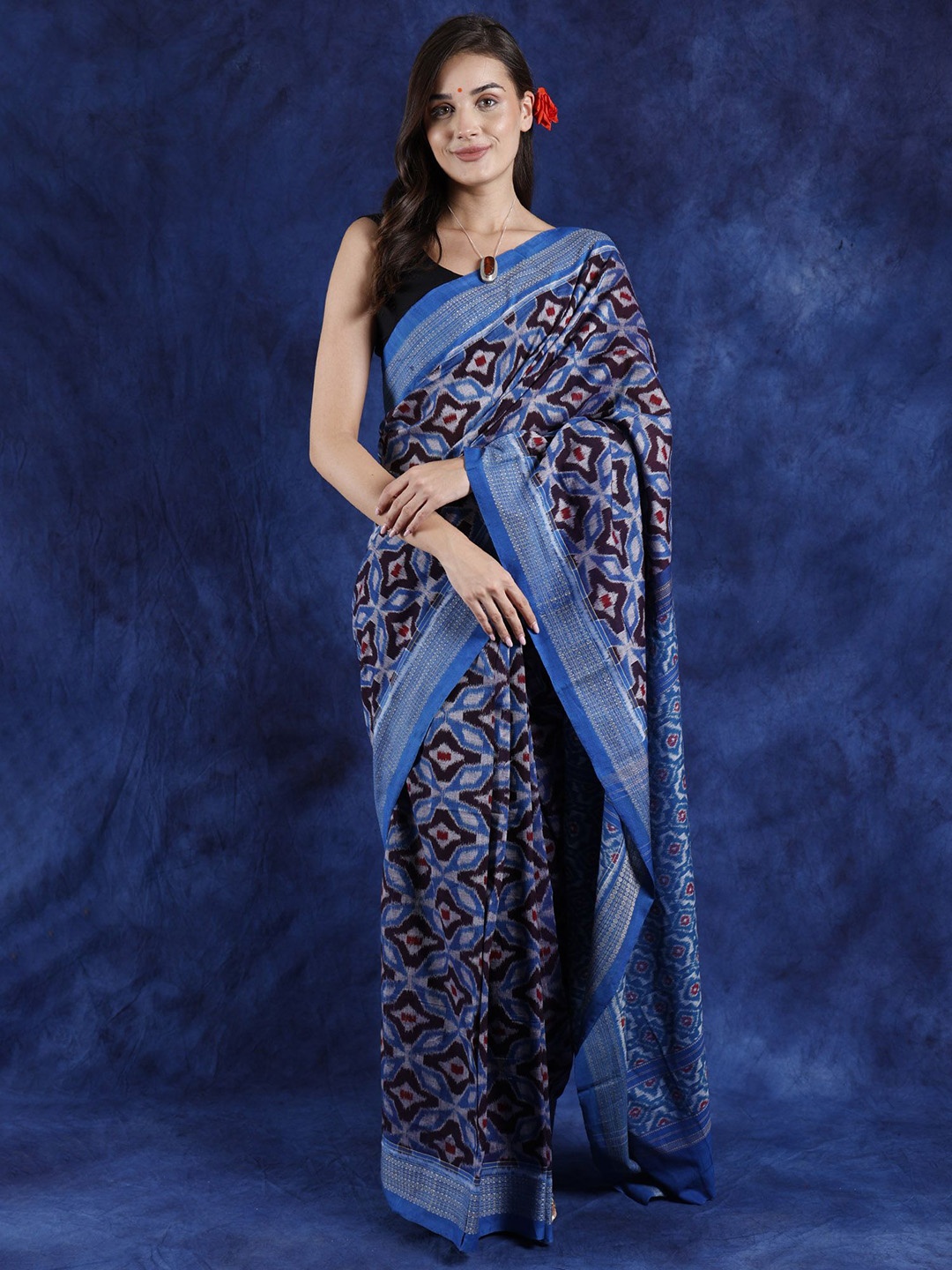 

Exotic India Ethnic Motifs Zari Pure Cotton Ikat Saree, Blue