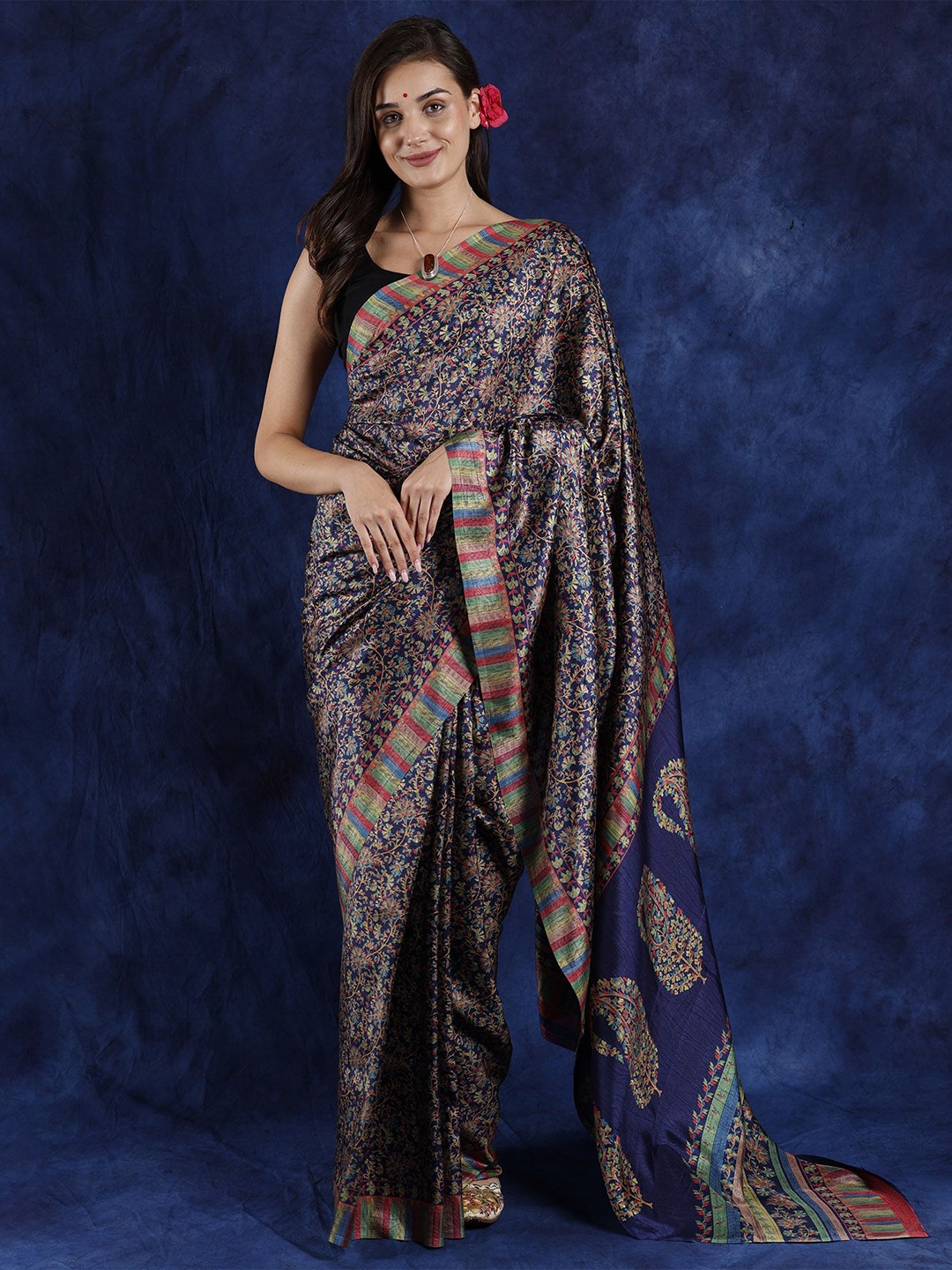 

Exotic India Paisley Printed Saree With Blouse Piece, Blue
