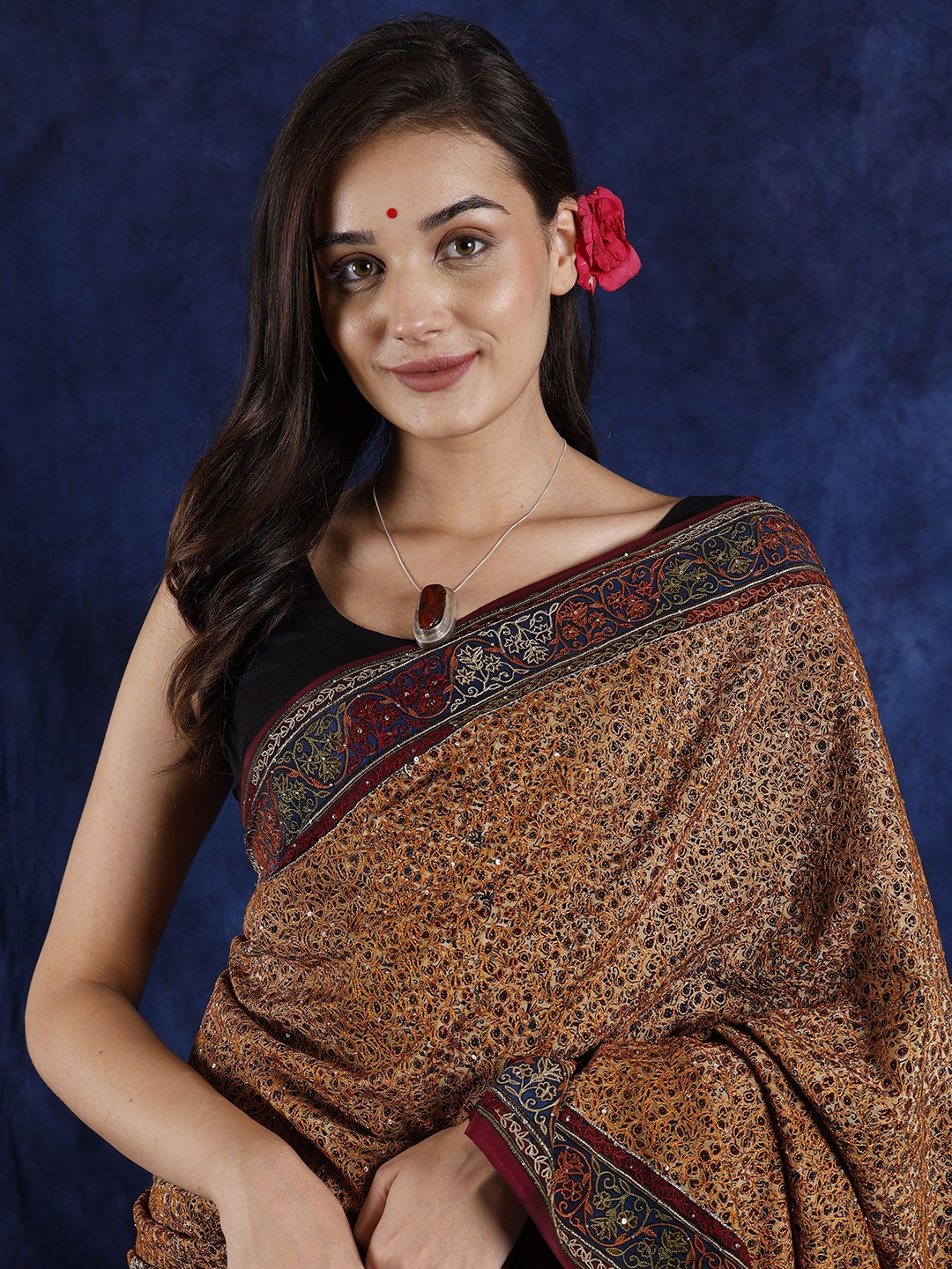 

Exotic India Ethnic Motifs Embroidered and Bead-Work Pure Georgette Saree, Brown