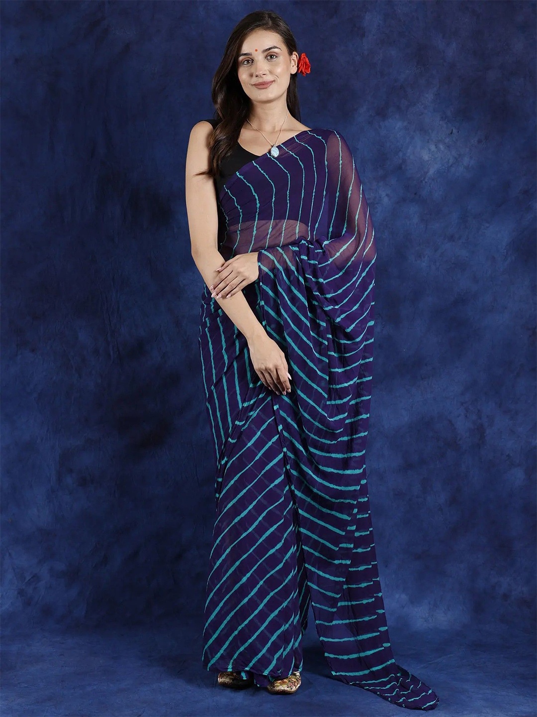 

Exotic India Violet Indigo Leharia Tie-Dye Chiffon Saree