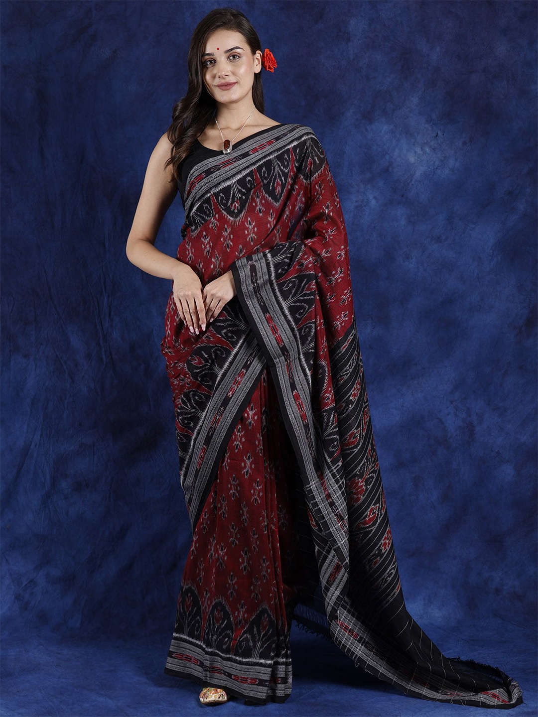 

Exotic India Ethnic Motifs Pure Cotton Ikat Saree, Red