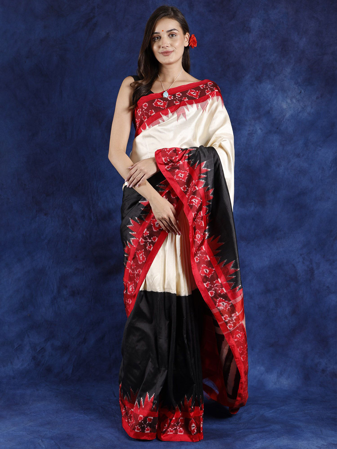 

Exotic India Geometric Pure Silk Ikat Saree, Cream