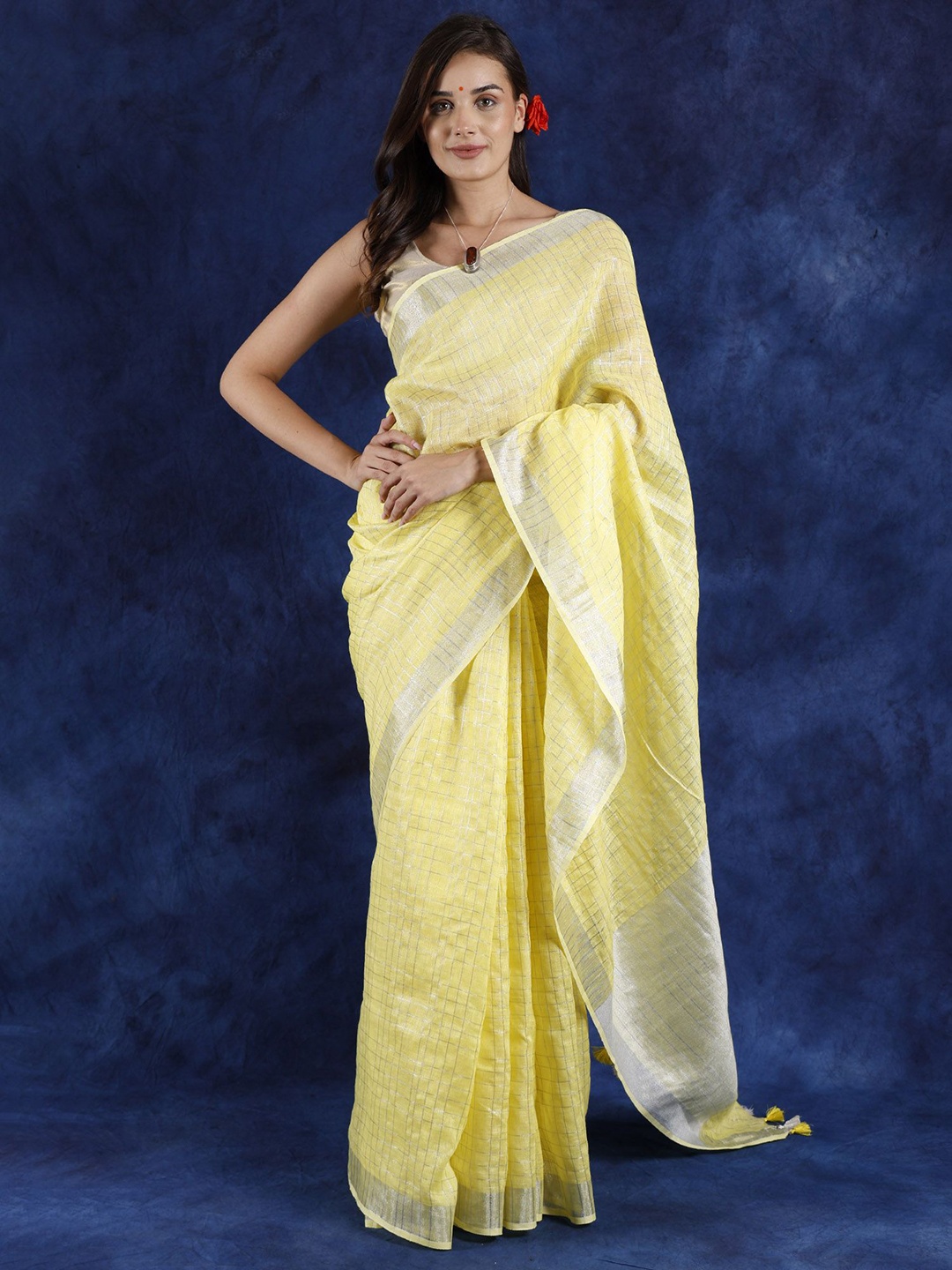 

Exotic India Blazing Yellow Cotton Saree with Silver Zari Weave on Border and Aanchal