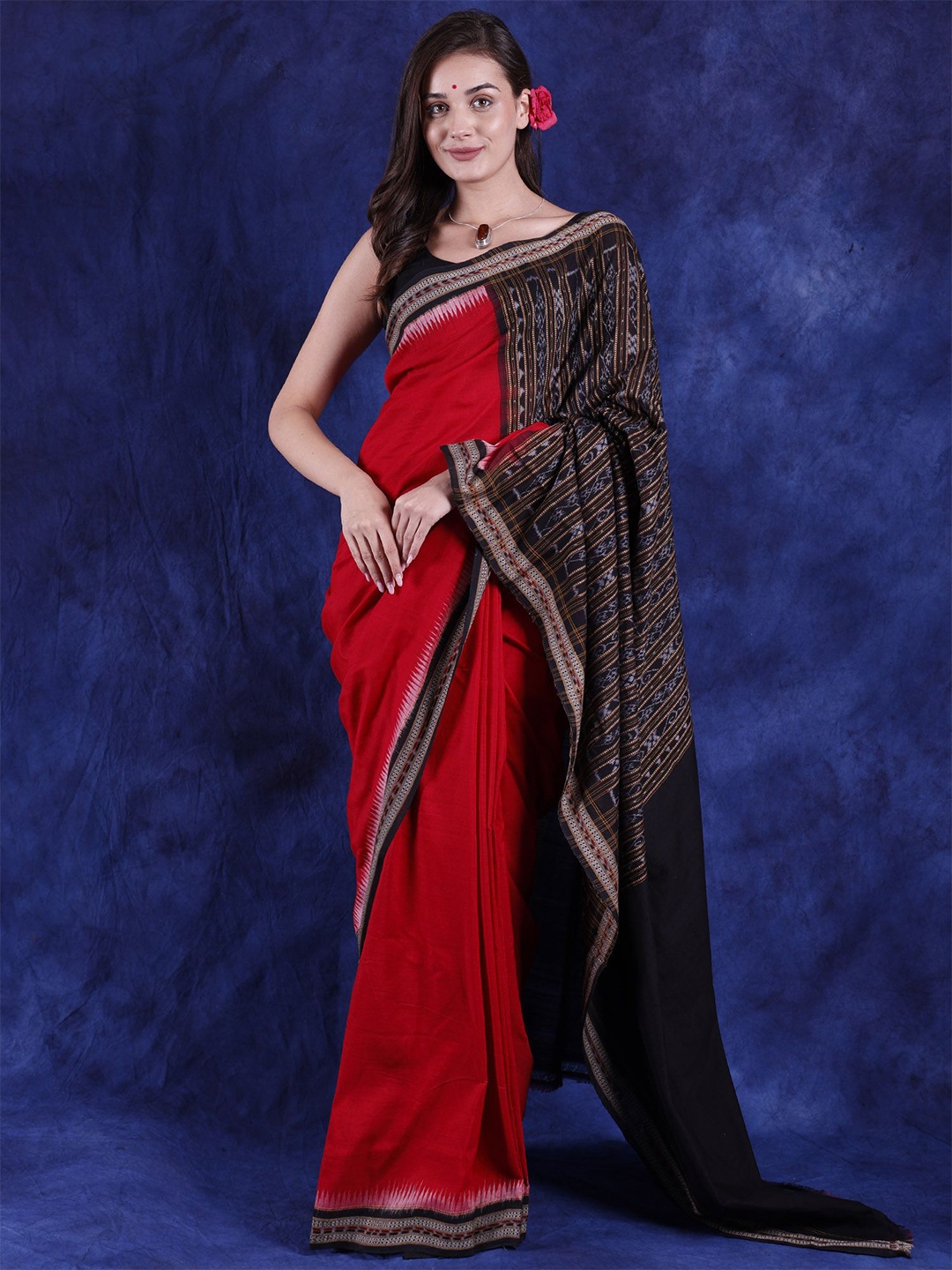 

Exotic India Woven Design Pure Cotton Ikat Saree, Red