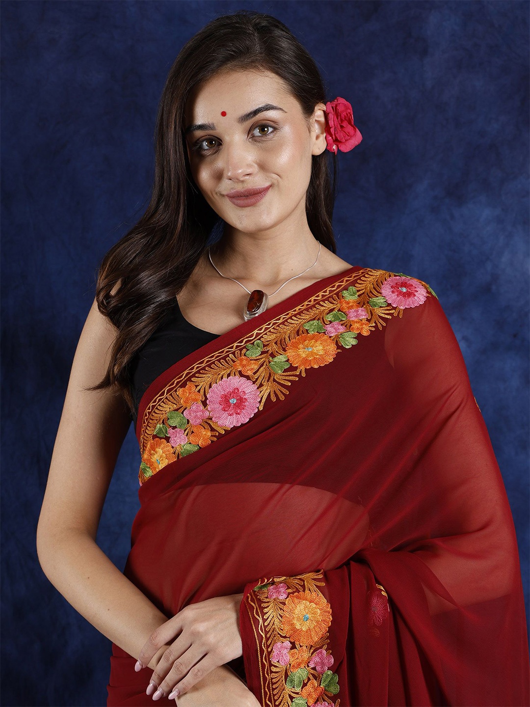 

Exotic India Aari Embroidery Work Pure Georgette Saree, Red