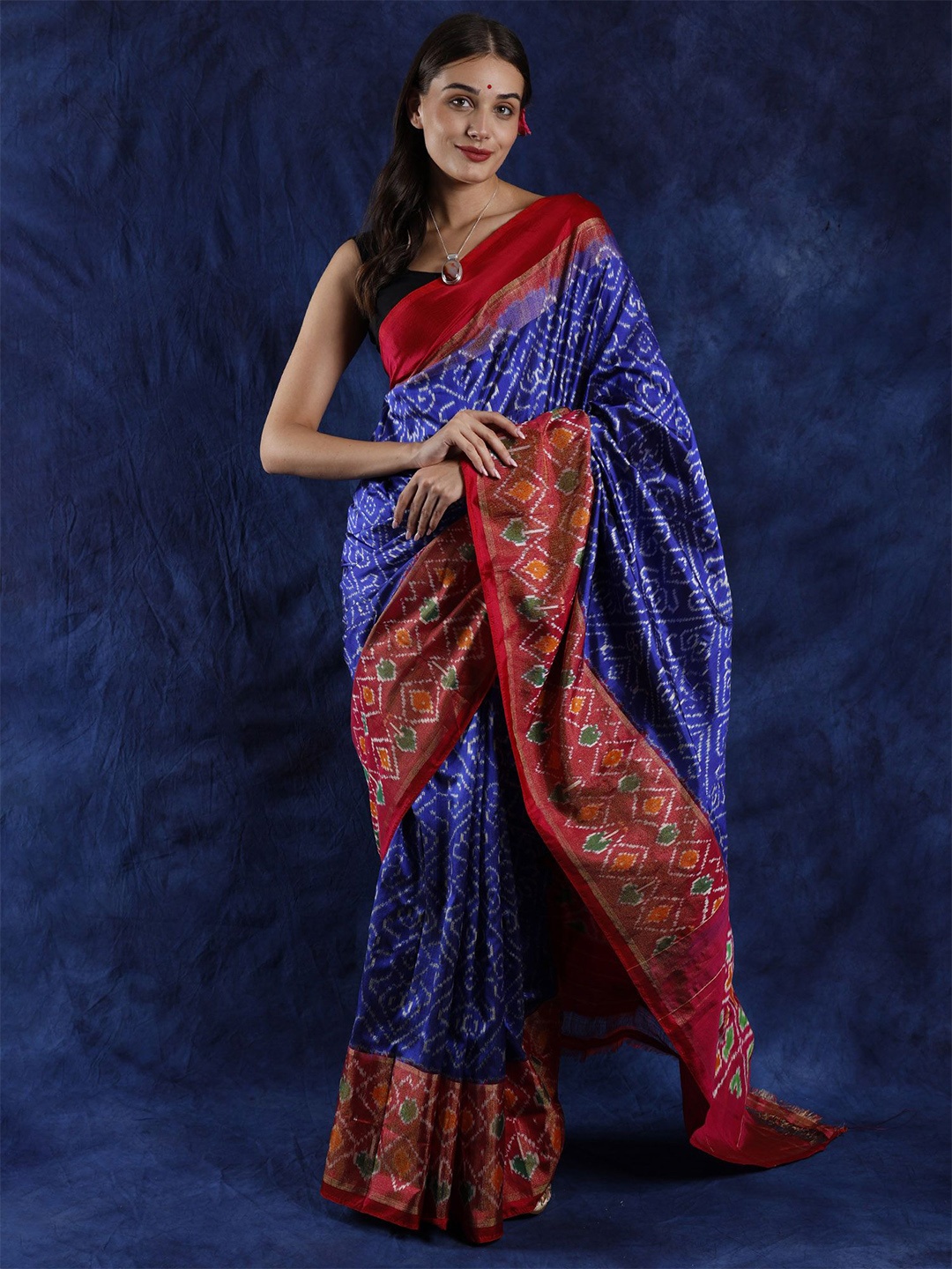 

Exotic India Woven Designed Pure Silk Ikat Saree, Blue