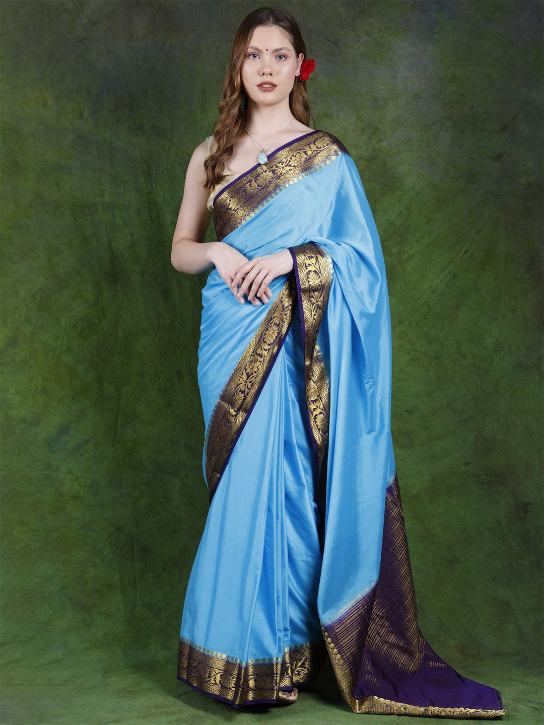 

Exotic India Soft Zari Saree With Blouse Piece, Blue