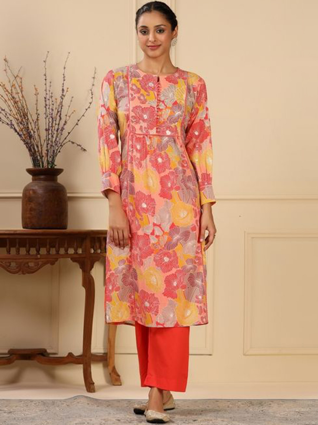 

KALINI Floral Printed Thread Work Pure Cotton Anarkali Kurta With Trouser, Red
