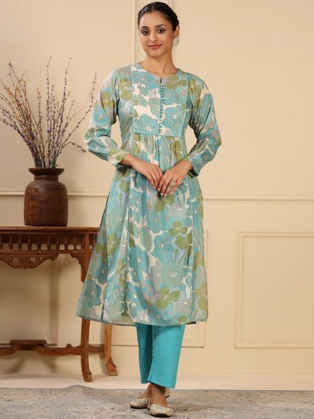 

KALINI Floral Printed Thread Work Pure Cotton Anarkali Kurta With Trouser, Blue