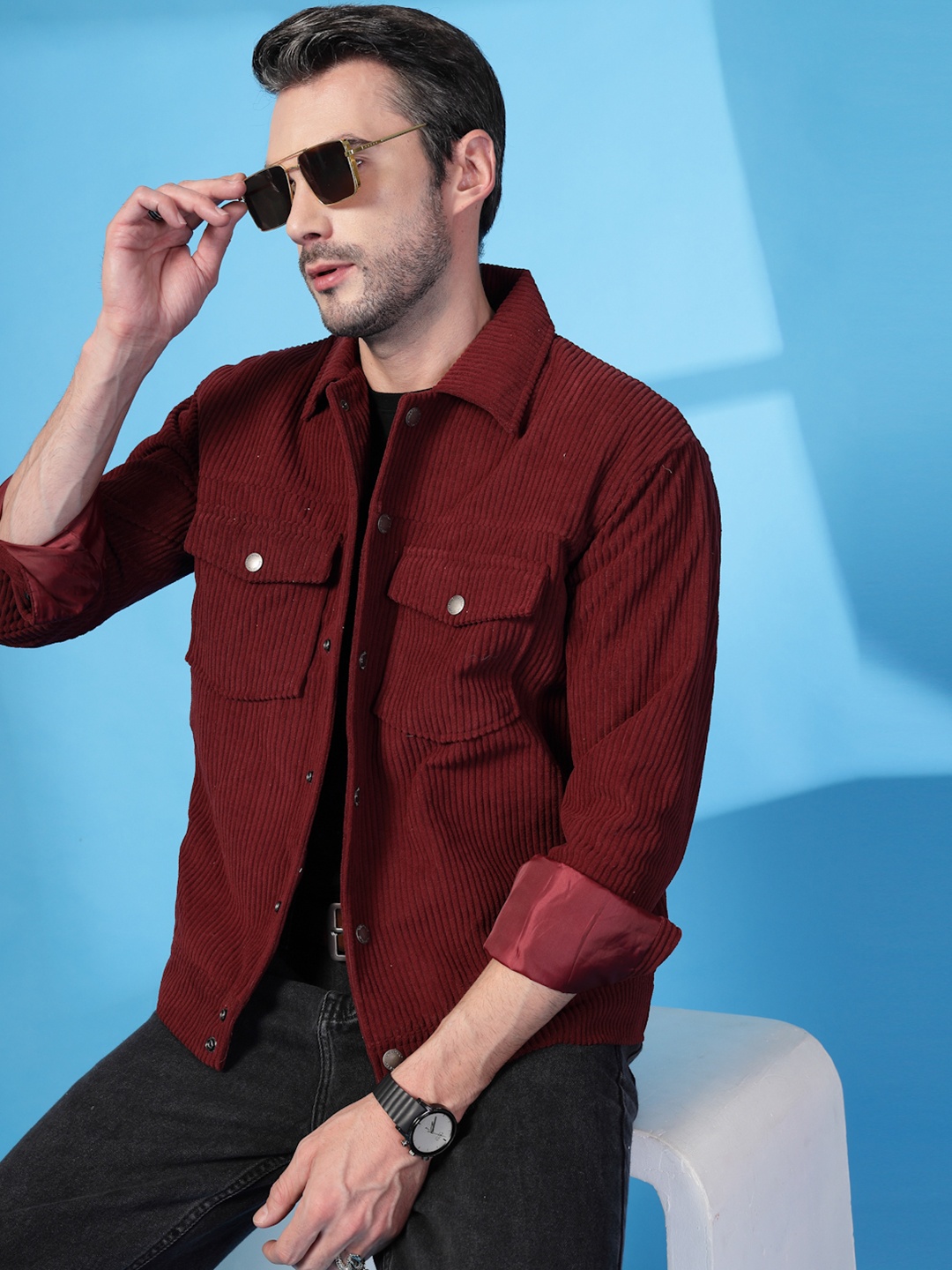 

CHKOKKO Men Winter Wear Corduroy Crop Jacket, Maroon