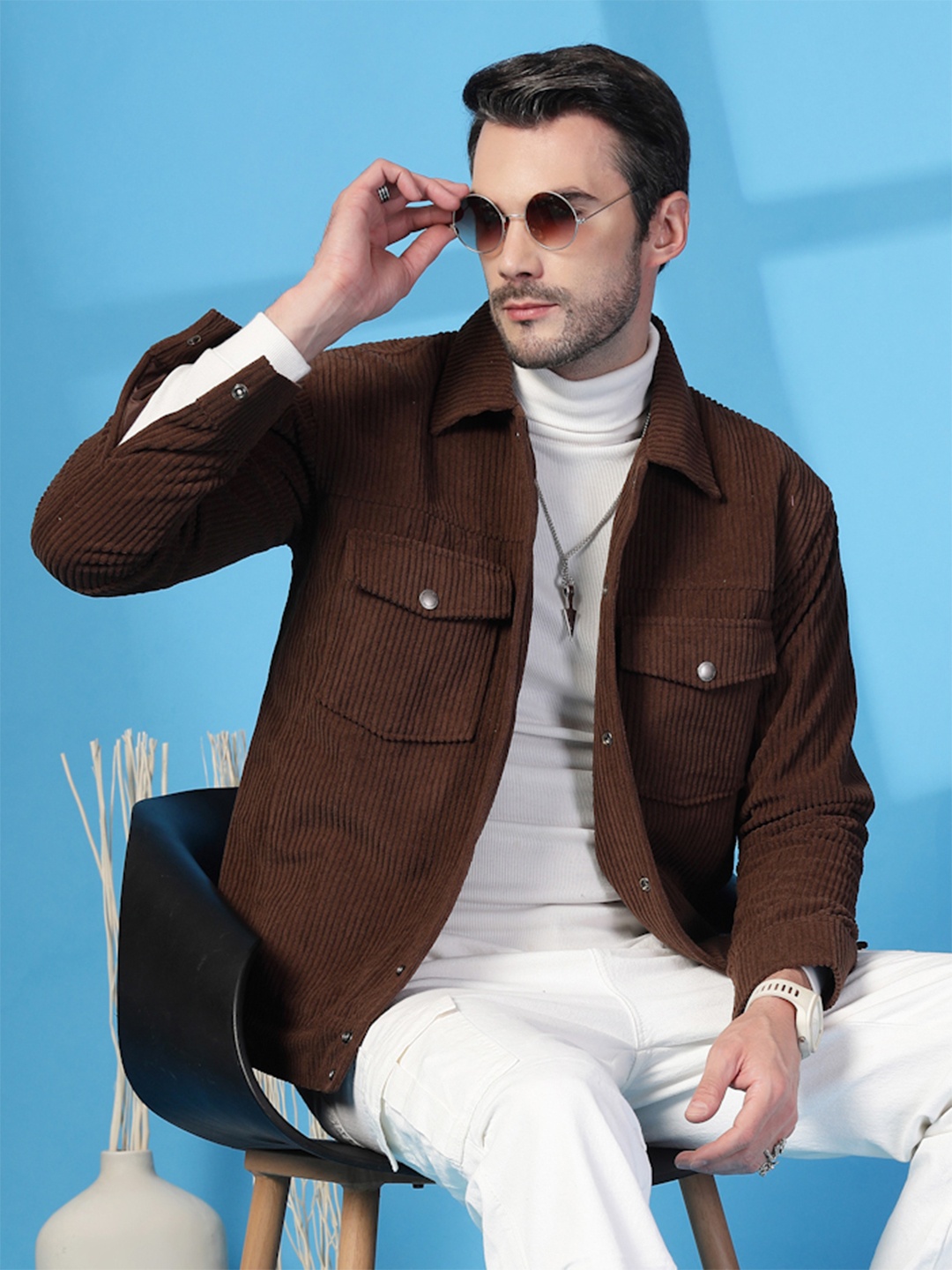 

CHKOKKO Men Geometric Striped Corduroy Crop Tailored Jacket, Coffee brown