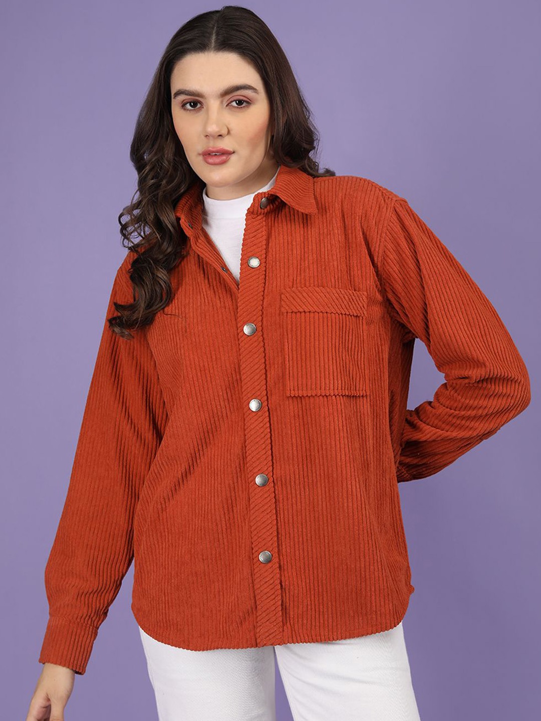 

CHKOKKO Women Solid Corduroy Casual Shirt, Rust