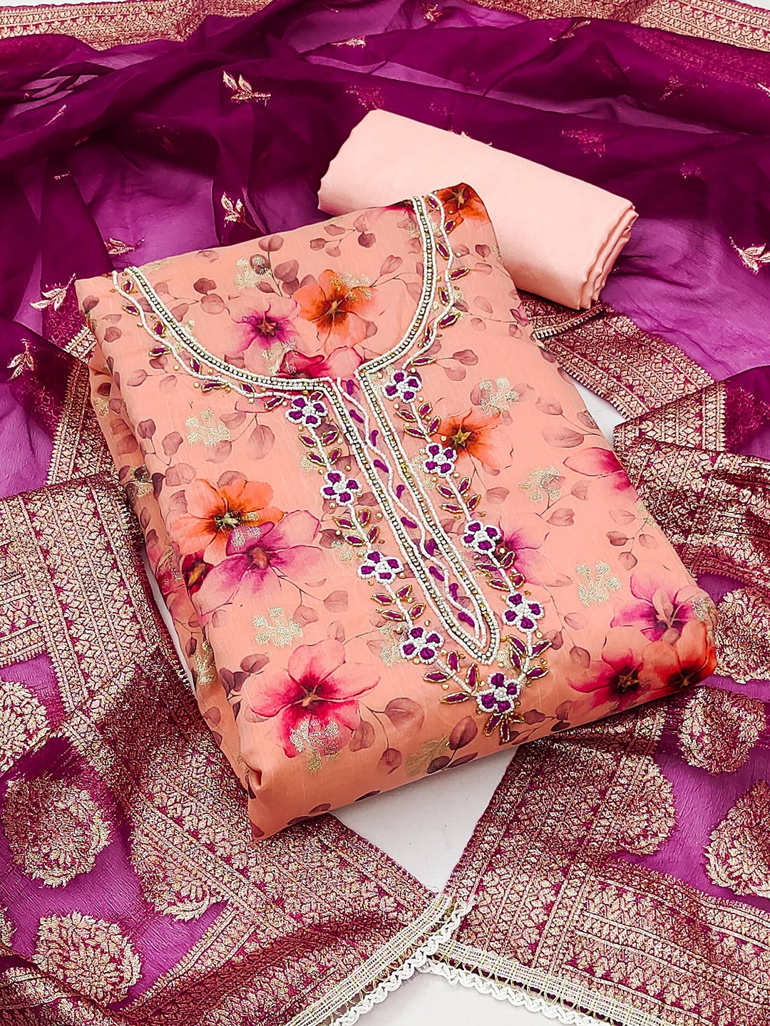 

MAHALASA Embroidered Unstitched Dress Material, Orange