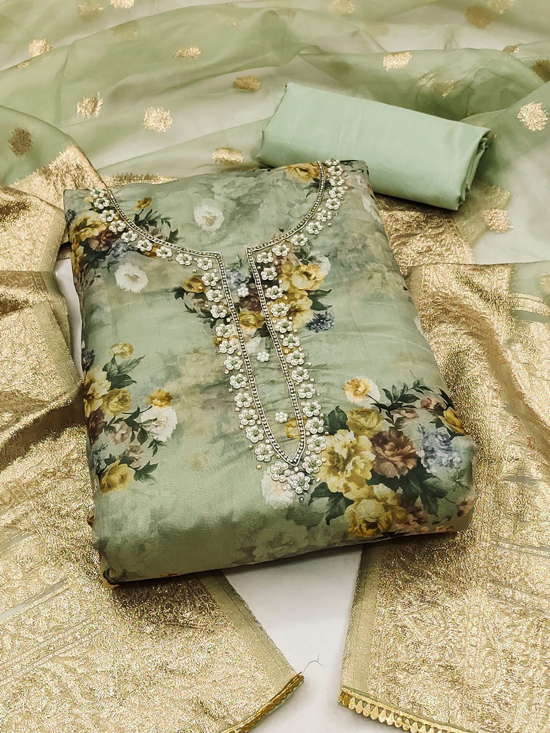 

MAHALASA Floral Embroidered Unstitched Dress Material, Olive