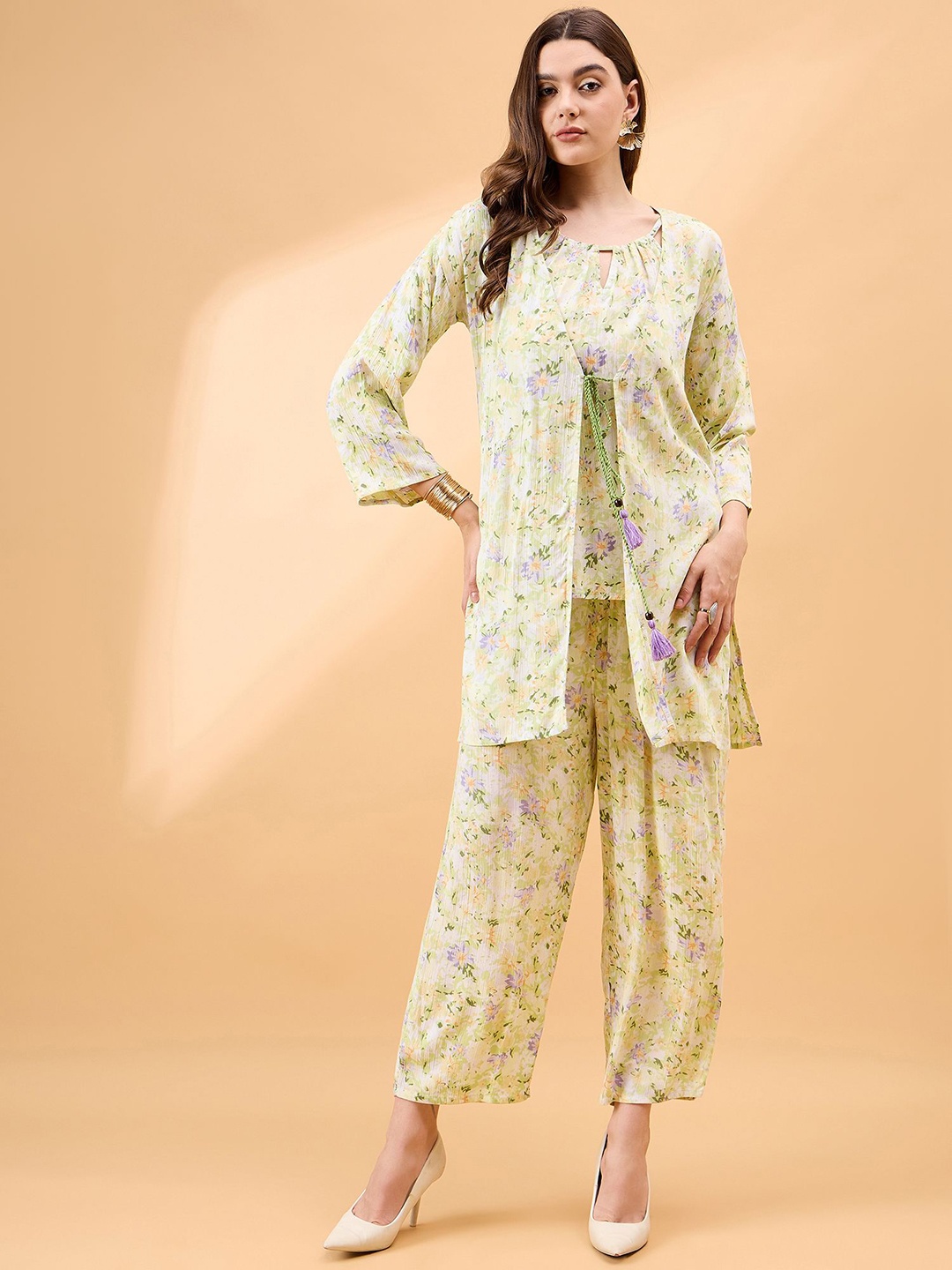 

all about you Floral Printed Top With Palazzos & Shrug, Lime green