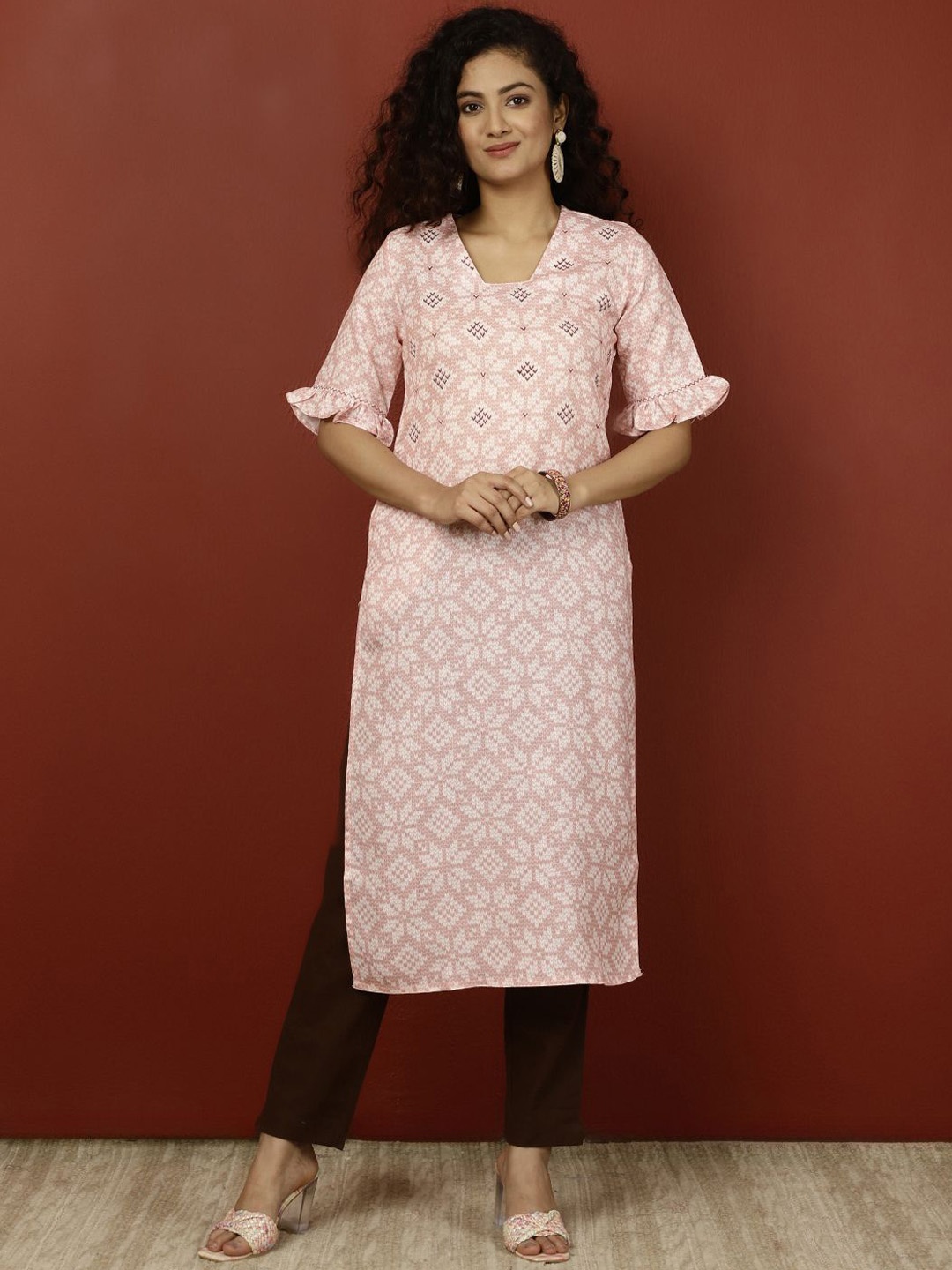 

Jaipur Kurti Ethnic Motifs Printed Square Neck Straight Kurta, Pink
