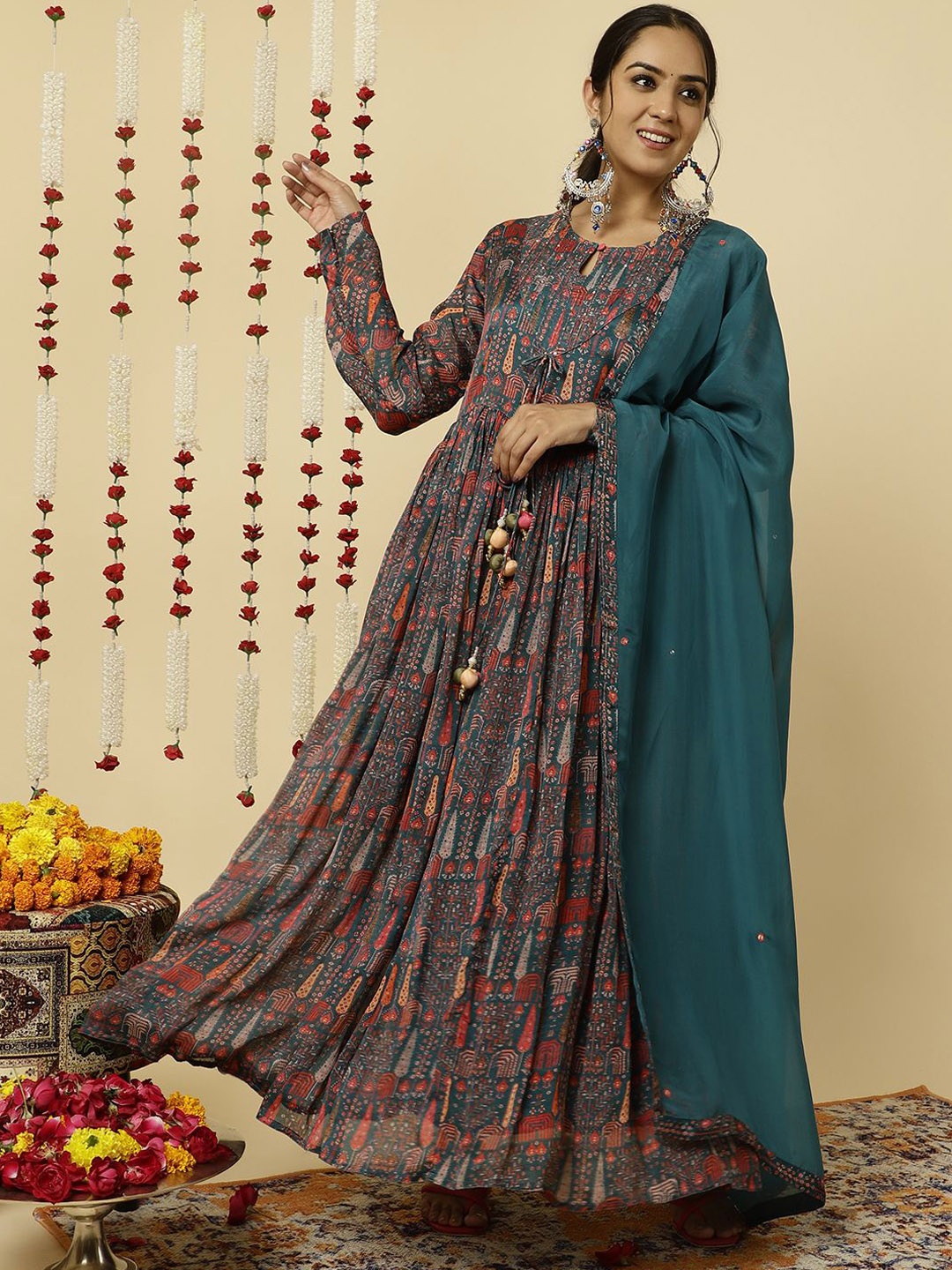 

Jaipur Kurti Tribal Printed Flared Kurta With Dupatta, Teal