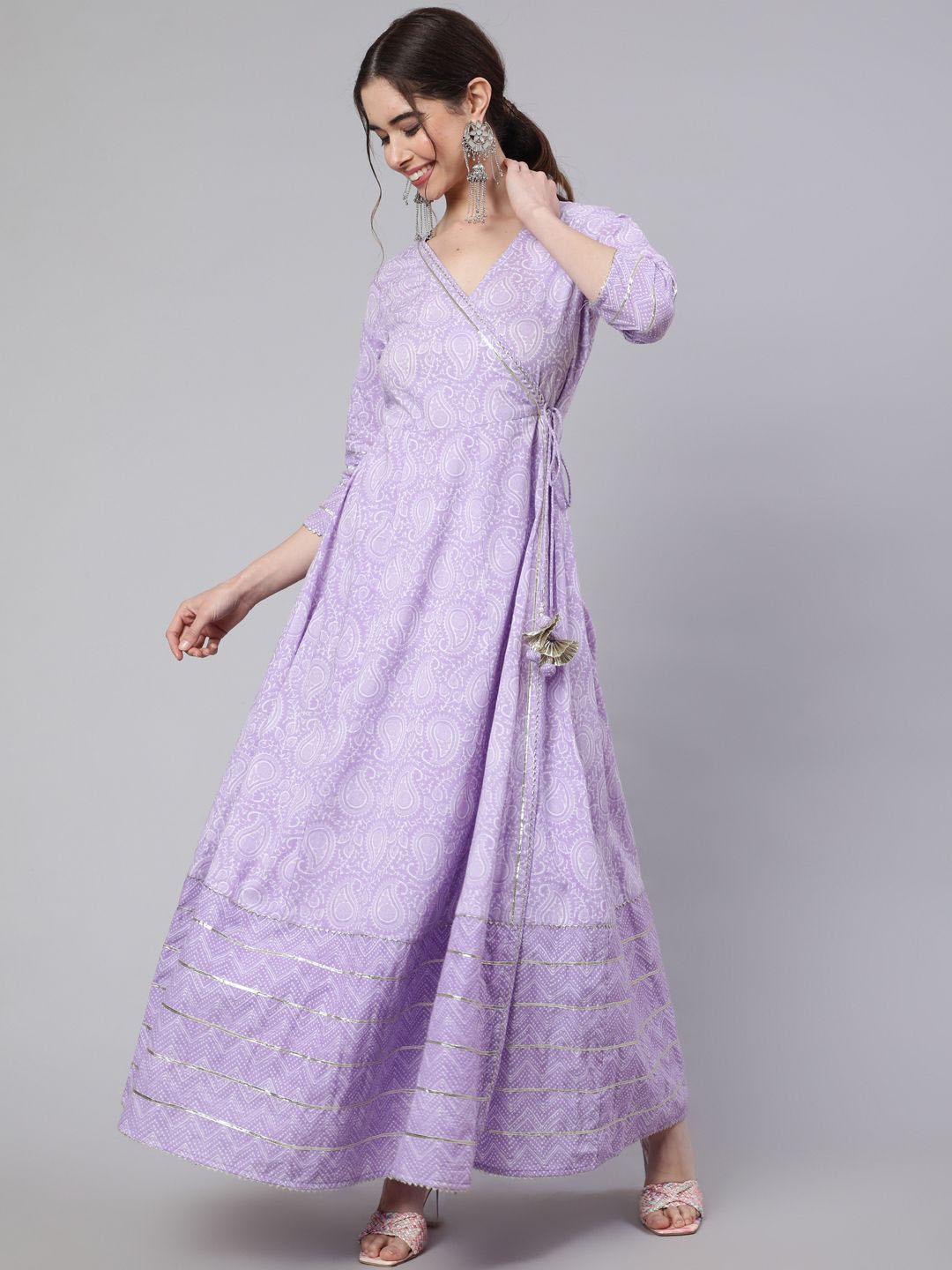 

Jaipur Kurti Ethnic Motifs Printed V-Neck Gotta Patti Pure Cotton Angrakha Anarkali Kurta, Lavender