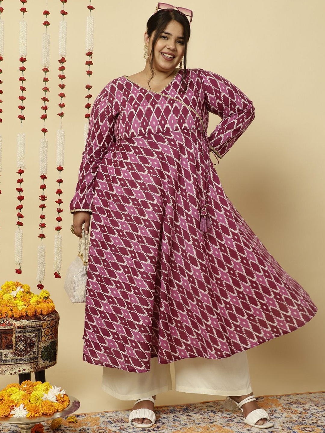 Jaipur Kurti Floral Printed Gotta Patti Cotton Anarkali Kurta, Purple