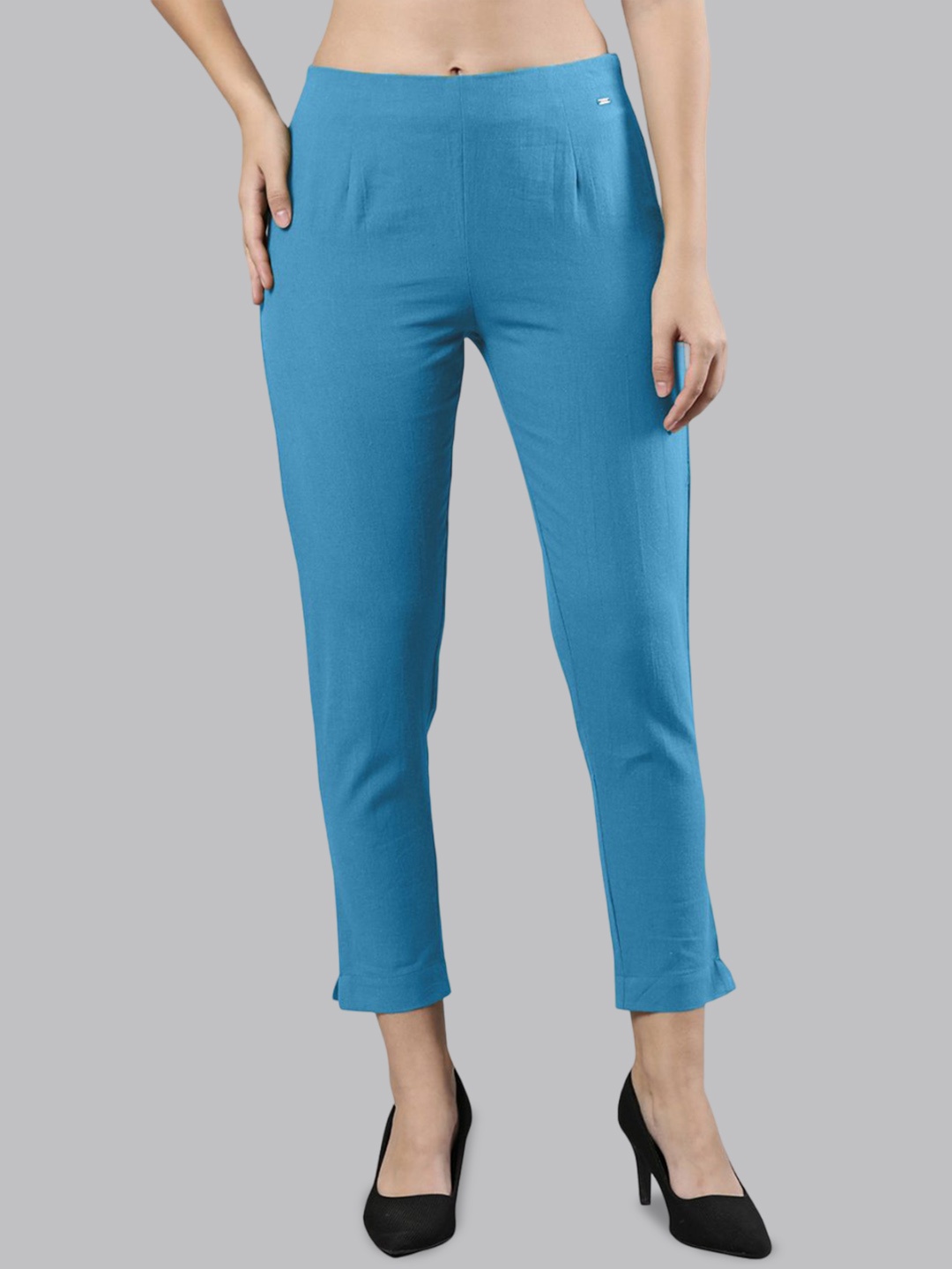 

Femmora Women Solid Cropped Mid Rise Comfort Regular Fit Cigarette Trousers, Blue