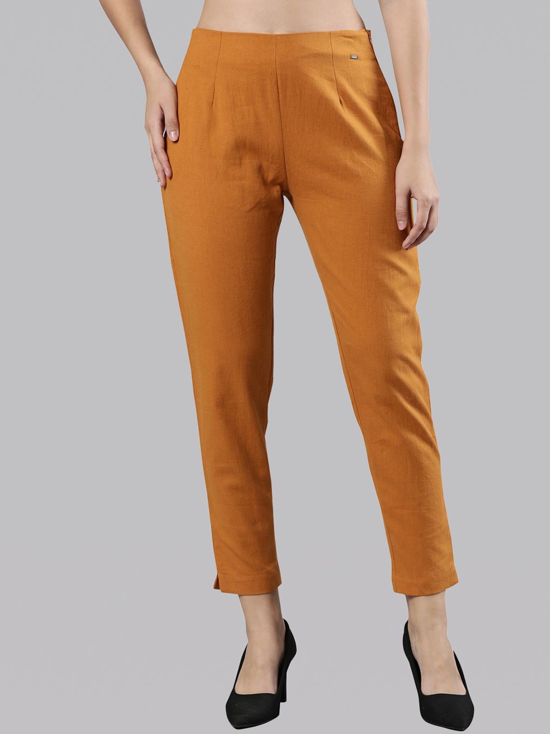 

Femmora Women Comfort Pleated Cigarette Trousers, Mustard