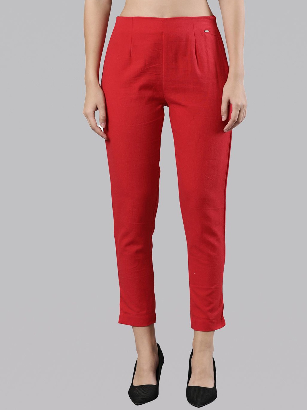 

Femmora Women Comfort Pleated Cropped Cigarette Trousers, Red