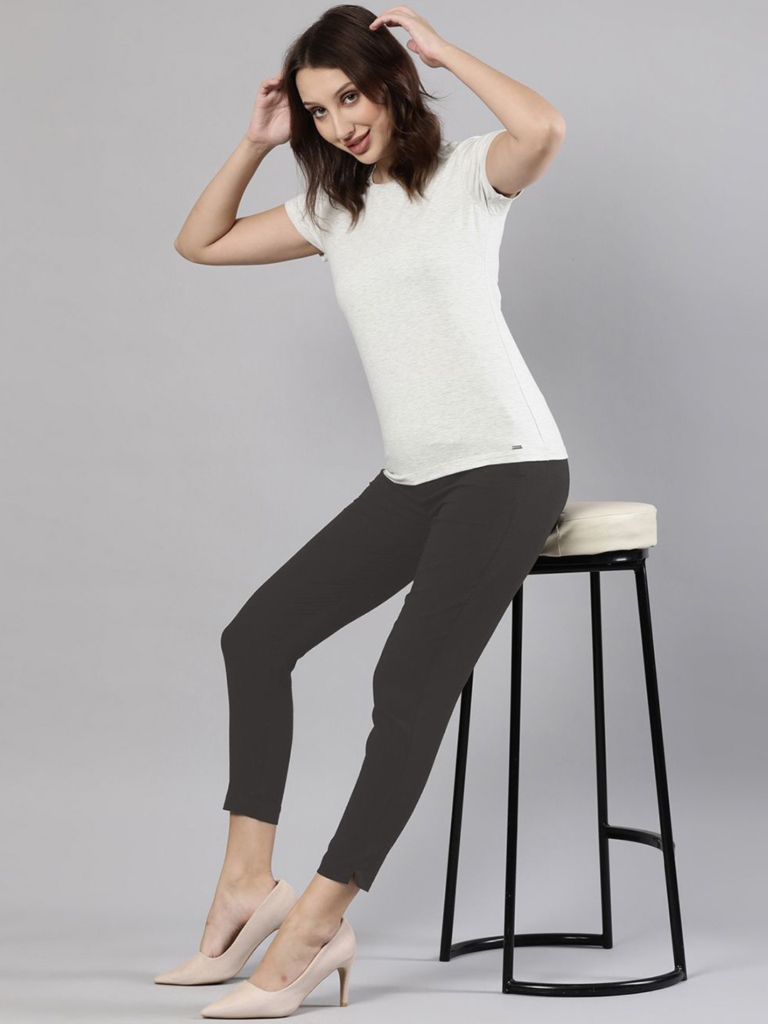 Femmora Women Comfort Pleated Side Zip Button Closure Trousers, Charcoal