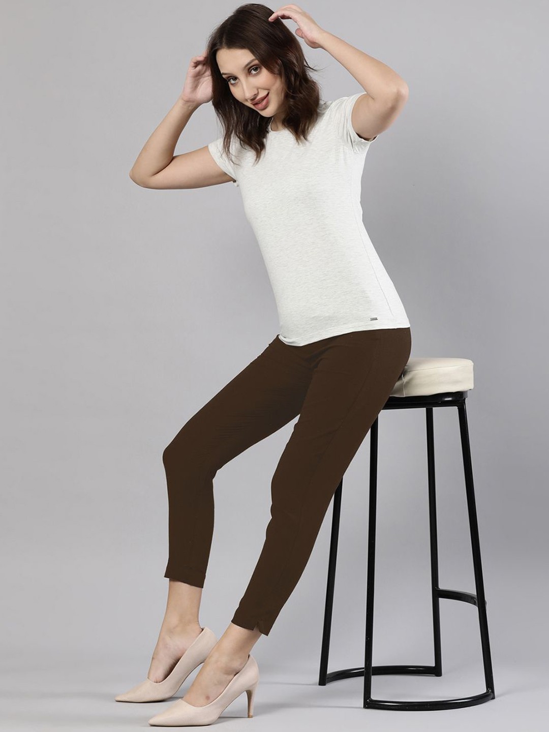 

Femmora Women Comfort Flat-Front Side Zip Button Closure Straight Pant Trousers, Brown